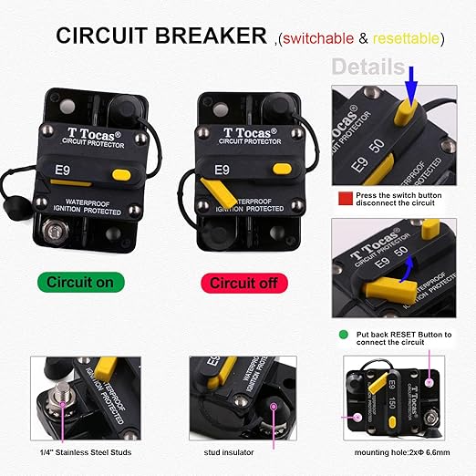 E9 70 Amp Circuit Breakers with Manual Reset | Surface Mount | UL Certified | 12V - 72V DC 70A Switchable