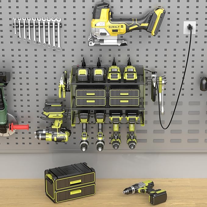 Wall Mount Drill Storage Rack with Charging Station Power Tool Organizer Drill Holder Drill Bit Organizer for Garage Workshop Holds 4 Drills with 8 Outlet Power Strip Christmas Gift(Green Three Layer)