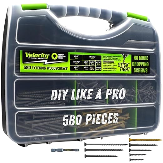 Velocity Exterior Wood Screws Site Case - Wood Screws Assortment Kit in 7 Sizes, Stick Tight Technology, Includes 4 Hexstix Drive Bits and Storage Organizer (580 Pieces)
