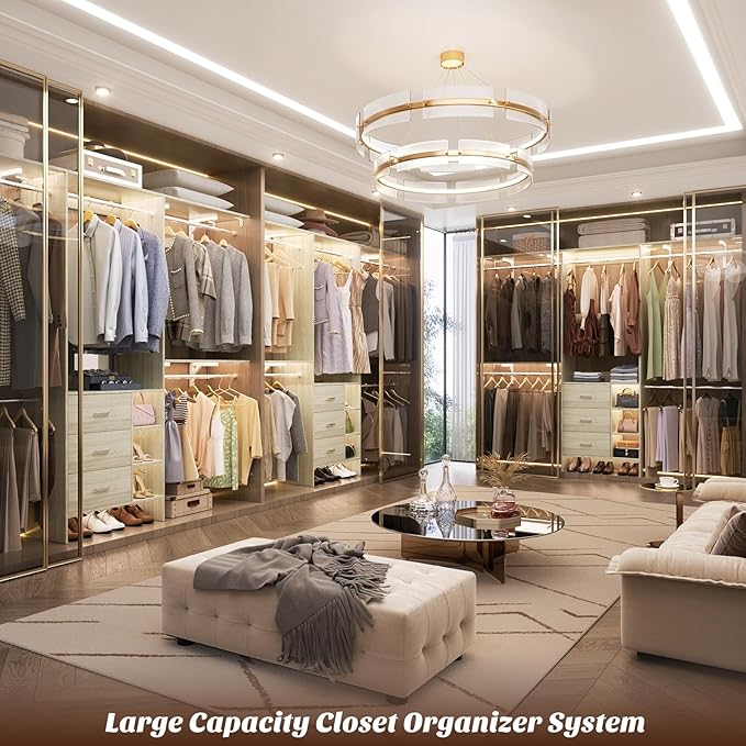 Aheaplus Closet System - 8FT Organizer with 3 Wooden Drawers, Fits 5.3-9 ft Walk-in Closet, White Oak