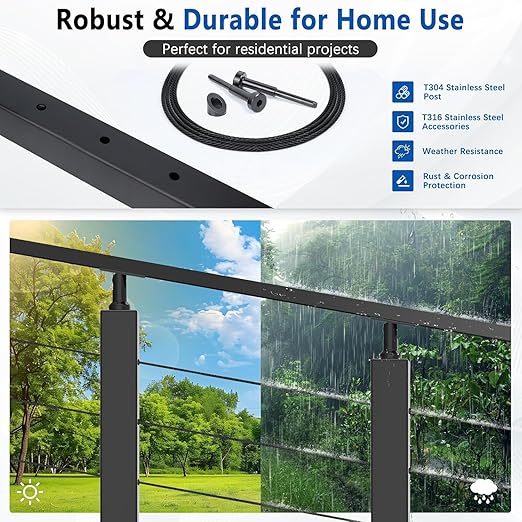 36" Expandable 16-20FT Black T304 Cable Railing Post Kit, Complete Cable Railing System with 5 Stair Posts, 216ft 1/8" Wire Rope(No Handrail), Adjustable Length Easy DIY for 25-35°Stairway