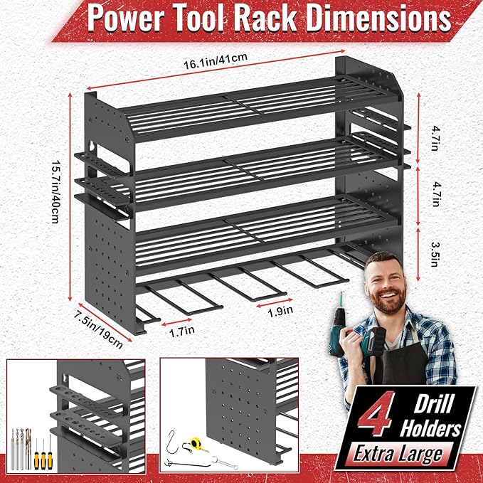 Power Tool Organizer Wall Mount, Metal Power Tool Storage Rack with Screwdriver Holder, Garage Tool Storage Shelves with Screwdriver Holder Plier Holder (Black, 4 Drills Holder)