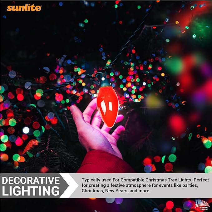 Sunlite Incandescent C9 Colored Night Light Bulb, 7 watts, 120 Volts, Intermediate E17 Screw Base, 2000 Rated Hours, Christmas-Lights Nightlight, Red, 25 Pack
