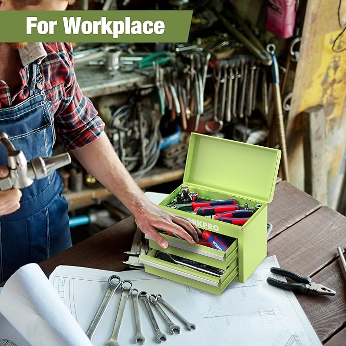 WORKPRO Mini Metal Tool Box with 2 Drawers and Top Storage, Small Tool Chest with PVC Liners and PP Feet Pads, Cold Rolled Steel Toolbox with Magnetic Tab