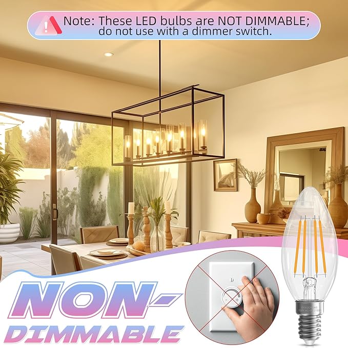 Candelabra Light Bulbs, 6W Equivalent to 60 watt,E12 LED Bulb Non-Dimmable 2700K Soft White, B10 LED Candle Bulbs, Chandelier Light Bulbs, 90+CRI, 600LM, Cear Glass, 24 Pack