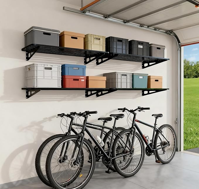 4-Pack 2x4ft Garage Shelving Wall Mounted, 4 ShelfTotal 16 ft(L) Garage Wall Storage, Heavy-Duty Storage Shelves, perfect for holding storage bins, boxes, sporting goods, tools, and more. Space-Saving