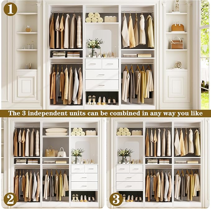 Unikito 75 Inch Closet System with 4 Drawers, 6.3FT Walk in Closet Organizer with Hanging Rods and Mirror Design, Reversible Large Closet Wardrobe with Shelves, Adjustable Closet Tower, White