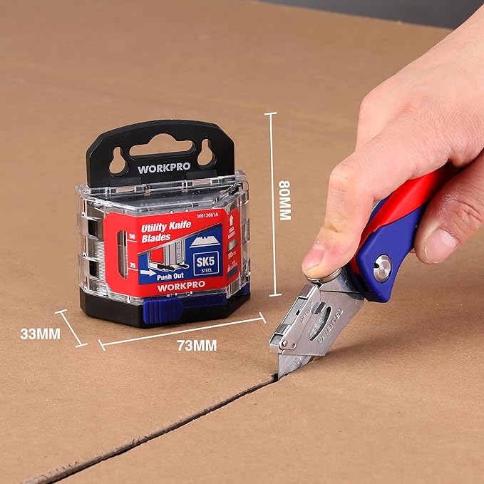 WORKPRO 50-Pack Utility Knife Blades with Dispenser, SK5 Steel Box Cutter, Standard Blades for Utility Knife Replacement