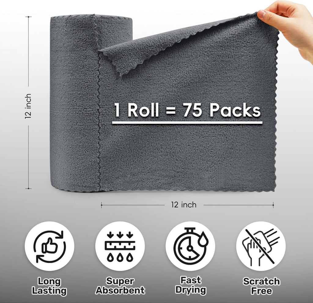 Microfiber Cleaning Cloths Roll, 75 Pack Tear Away Microfiber Towels Roll, 12" x 12" Lint Free Rags, Reusable Cleaning Cloths, Washable, Scratch Free,Ultra Absorbent Dish Rags(Dark Grey)