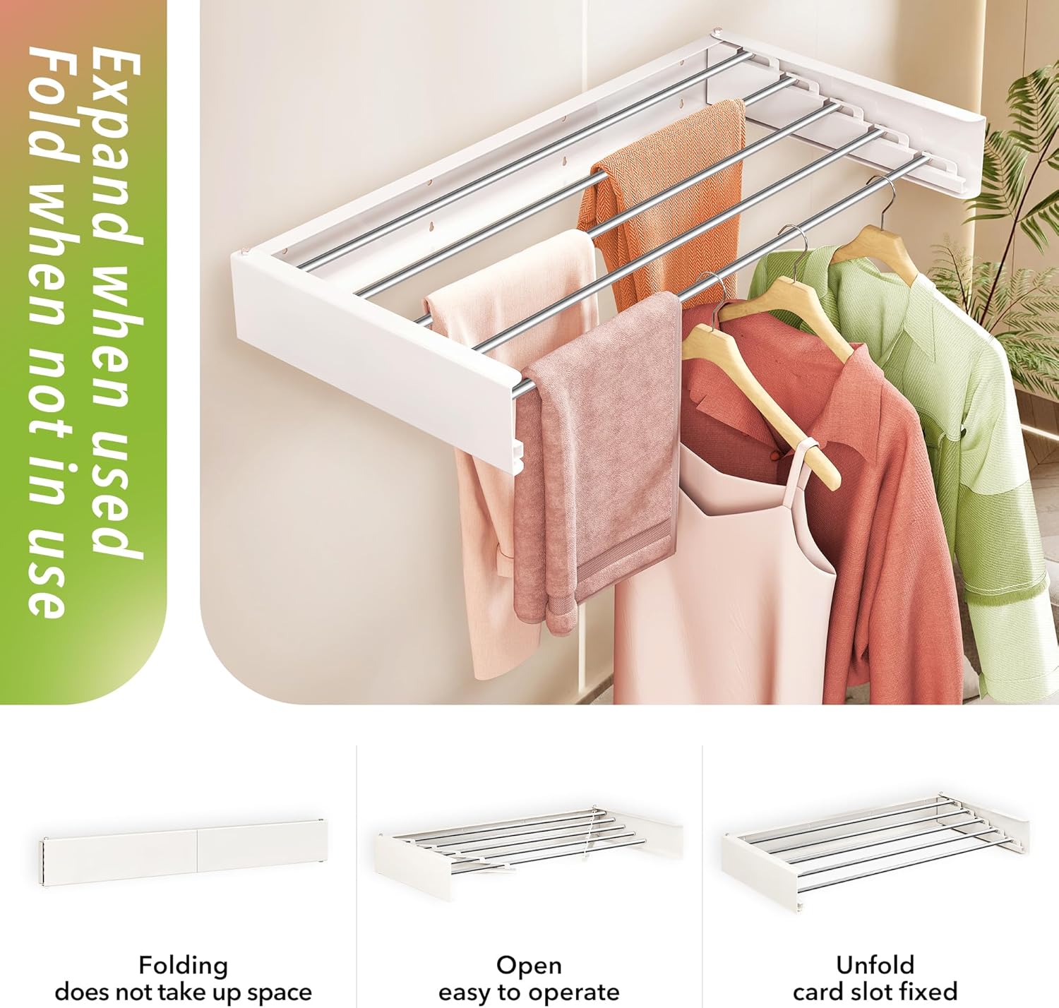 Wall Mounted Clothes Drying Rack 32 inches,Foldbale Laundry Drying Rack Wall Mount,Drying Rack Clothing Space Saver,Retractable,Collapsible,Folding Laundry Rack,White