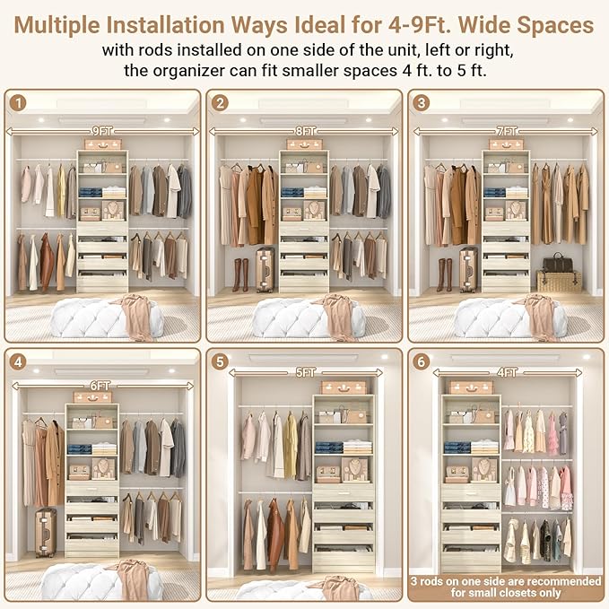 Aheaplus Closet System Set of 2, 4-9Ft Wood Closet Organizer with Drawers & Shelves, Closet Organizer System with 8 Hanging Rods, Walk-in Closets Organizer Wardrobe Closet Rack, White Oak1