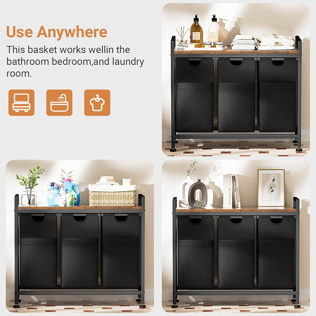 Lulive Laundry Hamper, Laundry Basket Organizer with 3 Pull-Out Removable Bags & Large Top Shelf, 3 × 12.5 Gal (142L) Freestanding Laundry Sorter 3 Sections for Laundry Room, Bathroom and Dorm