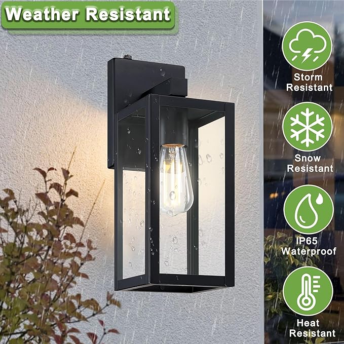 GRUENLICH Dusk to Dawn Large Outdoor Wall Lantern, Wall Sconce as Porch Lighting Fixture, E26 Base Max 60W, Metal Housing with Glass Shade (Black, 1-Pack)