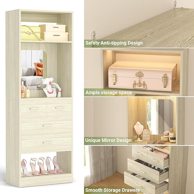 Unikito 2FT Closet System with 4 Drawers, 25 Inch Wood Closets Organizer with Storage Shelves and Mirror Design, Freestanding Sturdy Walk in Closet Tower for Bedroom, 25" W x 16" D x 80" H, White Oak