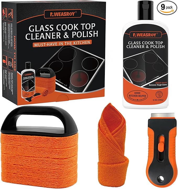 Glass Stove Top Cleaner Kit 12 oz, Cooktop Cleaner and Polish Non-Abrasive No Scratch Removes Tough Stains, with Scrubbing Pad, Handle, Scraper, Cloth