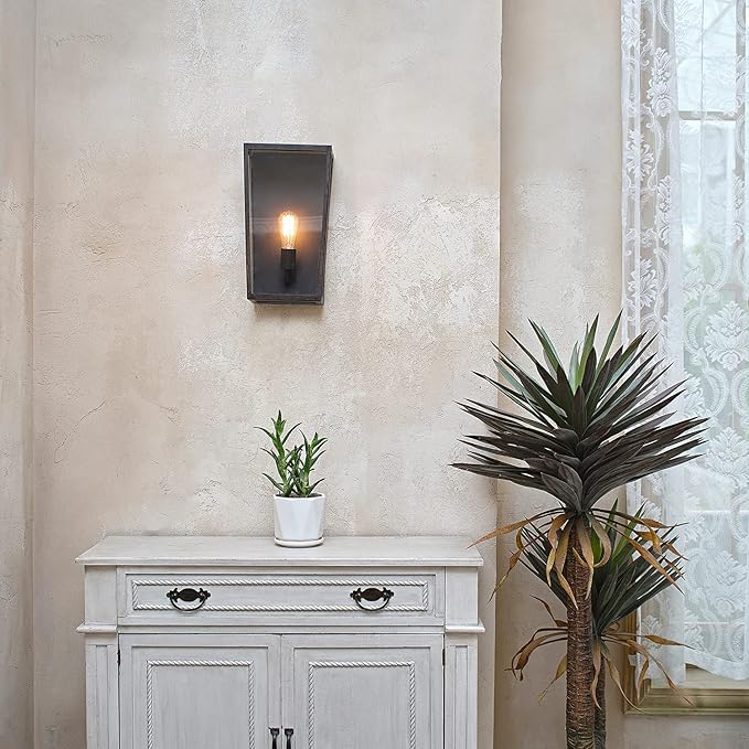 GLOBE Electric 44788 Greer 1-Light Outdoor Wall Sconce, Matte Black, Faux Wood Accents, Clear Glass Shade