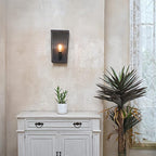 GLOBE Electric 44788 Greer 1-Light Outdoor Wall Sconce, Matte Black, Faux Wood Accents, Clear Glass Shade