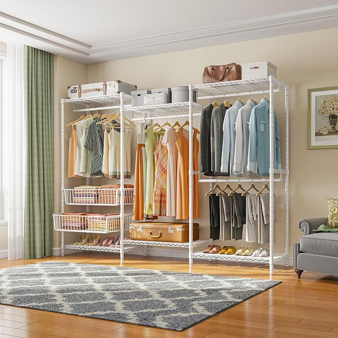 VIPEK V10 Wire Garment Rack 5-Tiers Heavy Duty Clothes Rack Large Size Clothing Rack with 4 Hanging Rods, 6 Wire Shelves and 2 Slid Baskets, 68.9" W x 15.7" D x 76.4" H, Max Load 920 LBS, White