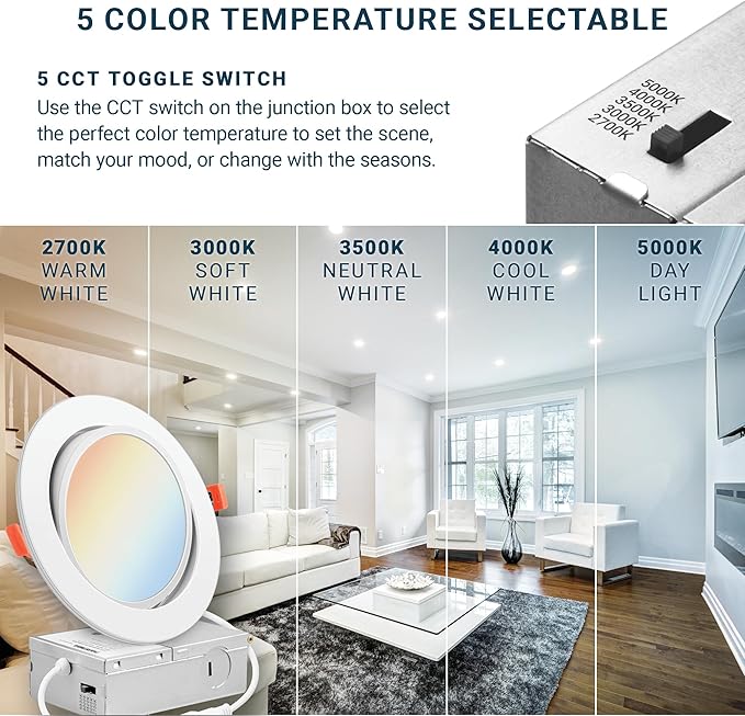 PARMIDA (6 Pack) 6 Inch 5CCT Ultra-Thin LED Adjustable Gimbal Recessed Lighting with J-Box, 2700K/3000K/3500K/4000K/5000K 5 Color Selectable, 12W, Eyeball Canless Slim Panel Lights, Dimmable, IC, ETL