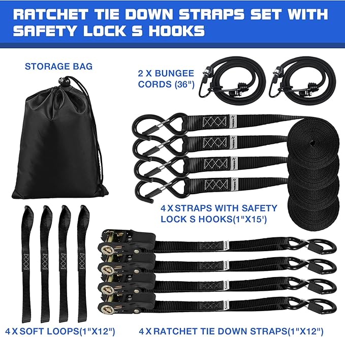 Ratchet Straps Heavy Duty Tie Down Strap Ratchet Tie Downs Ropes with Hooks 4 Pack-1" x 15 FT-2200 LB,Cargo/Truck Motorcycle Rope for Trucks Accessories-Black