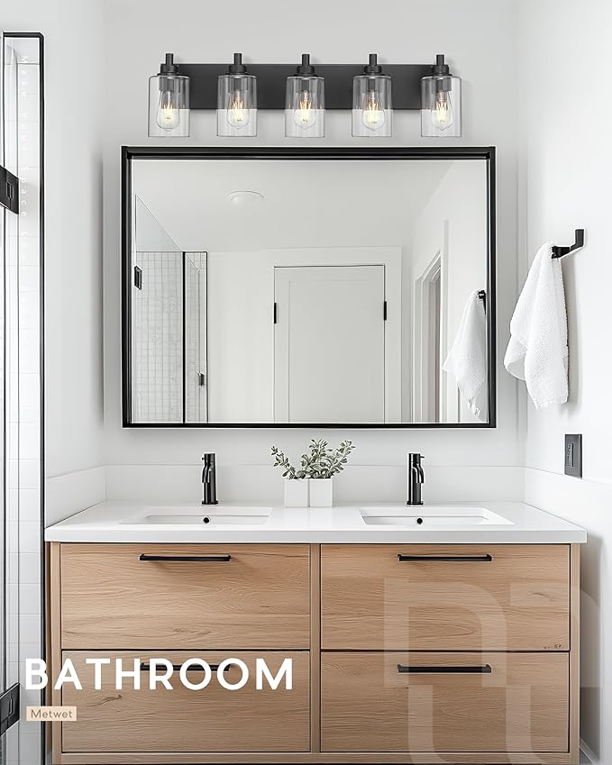 5-Light Bathroom Light Fixtures, 30 Inch Black Vanity Light with Cylinder Clear Glass Shade, Modern Vanity Lighting Fixtures Over Mirror, VL143-MB-5