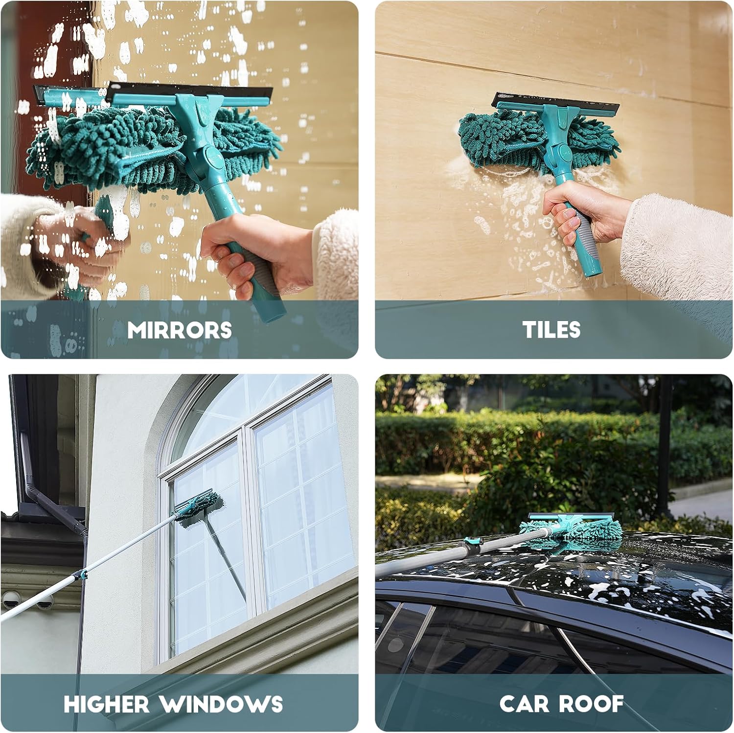 36 Feet High Reach Window Squeegee with 7-30 Ft Extension Pole, Window Cleaner Tool with 5-Stage Telescoping Pole, Window Cleaning Kit with Rotatable Head (2 Squeegee & 2 Microfibre Cloths)