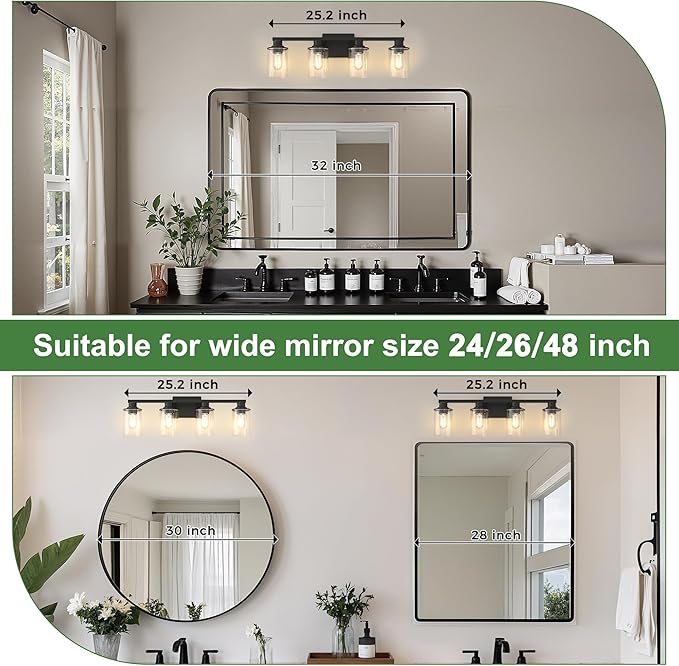DORESshop Bathroom Light Fixtures, 4-Light Matte Black Bathroom Lighting Fixtures Over Mirror with Clear Glass Shade, Vanity Lights for Hallway Living Room Bedroom