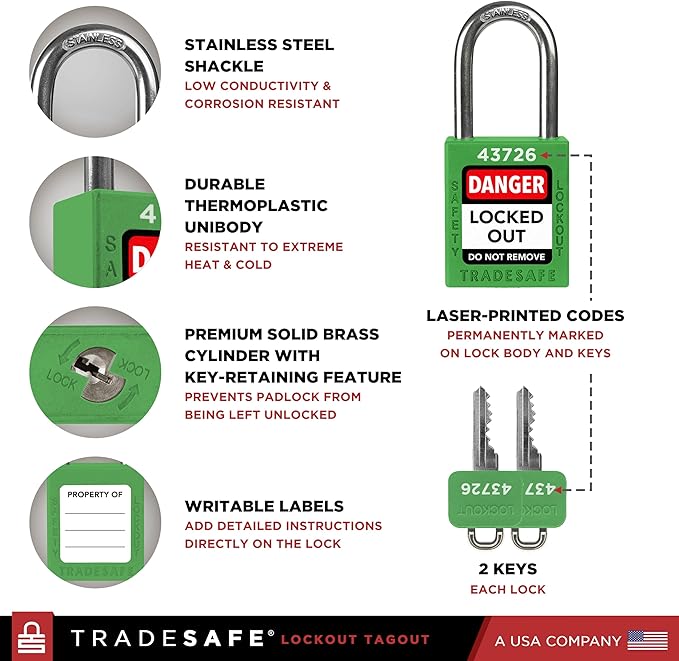TRADESAFE Lockout Tagout Locks Set - 10 Green Keyed Alike Padlocks, 2 Keys Per Lock, OSHA Compliant Loto Locks for Lock Out Tag Out Stations, Premium Grade