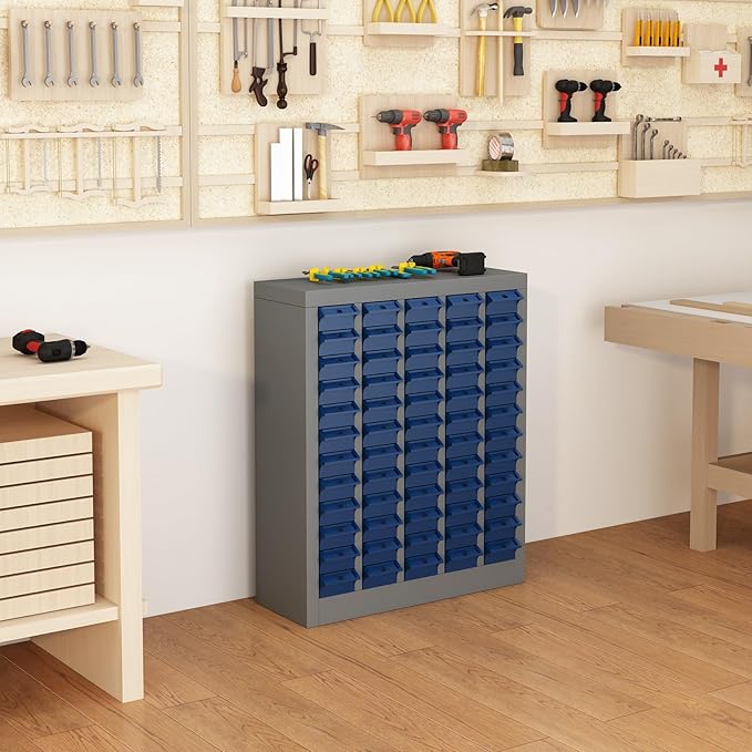 60-Drawer Parts Storage Cabinet, Multi-Purpose Organizer for Screws, Bolts, Nails, Craft Supplies, Legos, Tools, Compact Plastic Drawer Unit, Hardware Organizer for Garage, Workshop, Classroom