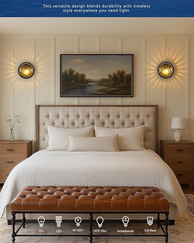 FEMILA 10" Modern Outdoor Wall Lantern, 2 Pack Nautical Outdoor Lighting, Bulkhead Sconce for Front Porch/Entry Light, Aluminum, Ripple Glass, ETL & UL Listed, 4FYX105FL-2 BK SW