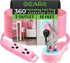 GEARit 360 Rotating Flat Plug Extension Cord with 3 Outlets (15ft, Pink) 16AWG/13A 3 Prong Wire, Outlet Saver for Home Office Dorm Room Essentials, ETL Certified
