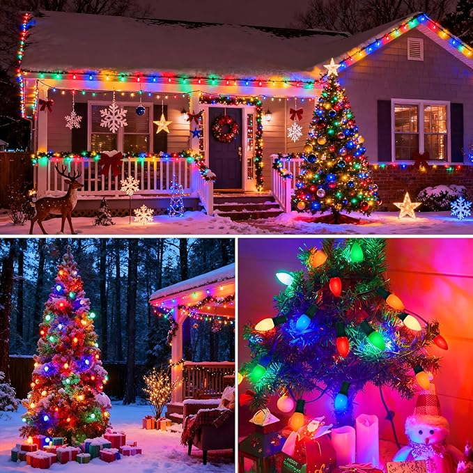 C9 Christmas Replacement Lights Bulbs, 25 Pack Multicolor Ceramic Light Bulbs for Christmas Outdoor Indoor String Light, Xmas Holiday Patio Party Decorations(E17 Socket Base 7w)