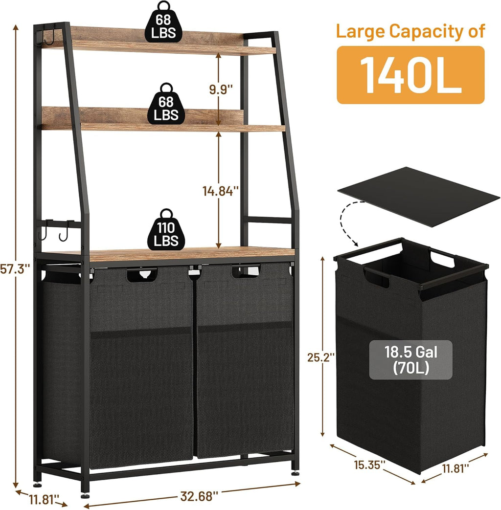 Lulive Double Laundry Hamper with Shelf, Laundry Basket with 3 Tier Storage Shelves & 4 Removable Hooks, Tall Laundry Sorter Clothes Hamper with Pull-Out Bags for Bathroom, Laundry Room