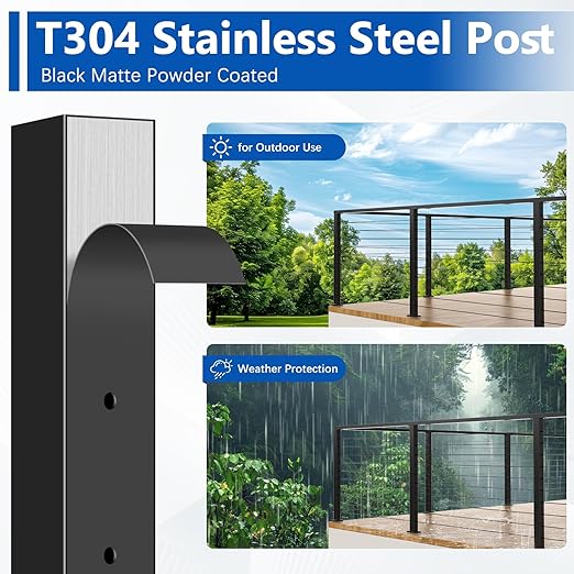 36" T304 L-drilled Cable Railing Corner Post(Post 35"x2"x2"), Wire Railing Post with Cable Grommets, Fixed Top Mount Stainless Steel Black Finish Deck Staircase Post