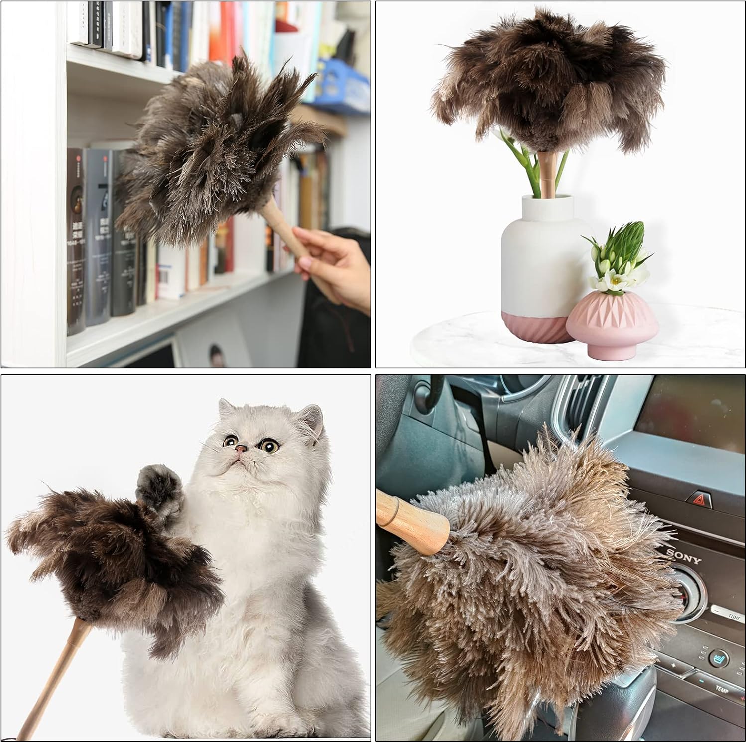 THARAHT 2PCS Ostrich Feather Duster 16 Inch Fluffy Natural with Wood Handle Reusable Washable for Cleaning Keyboard,Home,Car,Office Ostrich Feather Duster