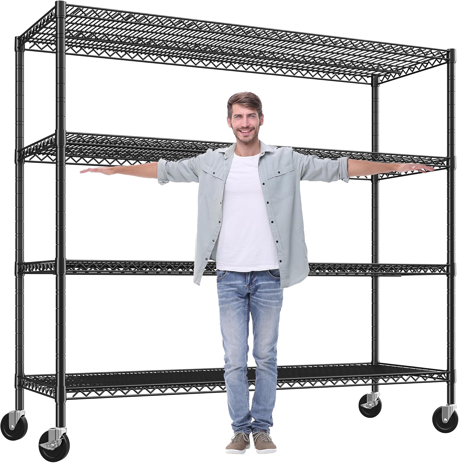 REIBII 60" W Storage Shelves 2878LBS Wire Shelving Unit with Wheels Heavy Duty Metal Shelving Adjustable Metal Shelves for Pantry,Kitchen,Garage,Basement,Business,Warehouse,60”W ×24”D×65.3”H