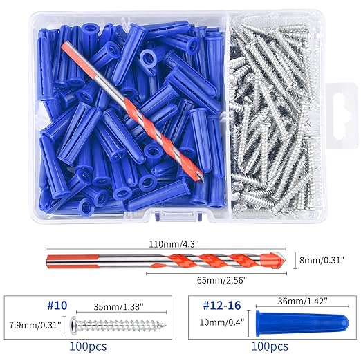Concrete Anchors Kit - 100Pcs Drywall Anchors & 100Pcs Screws with Bit for Stucco, Masonry, Brick & Dry Wall