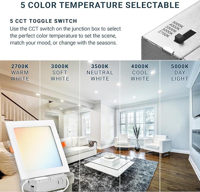 PARMIDA (12 Pack) 6 Inch Square 5CCT Ultra Thin LED Recessed Lighting with Junction Box, 2700K/3000K/3500K/4000K/5000K 5 Color Selectable, 12W, Dimmable, Canless Wafer Slim Panel Lights, IC Rated, ETL
