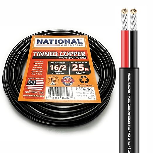 National Wire&Cable - 16/2 Tinned Copper Professional Wire (25 Feet) 16 AWG Gauge Stranded PVC Cord - 2 Conductor Electrical Wire - Made in USA - CL Rated/ETL Listed - LED Light, Low Voltage Cable