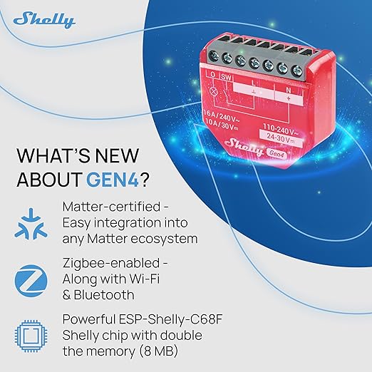 Shelly 1PM Gen4 | Wi-Fi, Zigbee, Matter Smart Relay Switch with Power Metering, 1-Channel 16A | Home Automation | Alexa, Google Home, Apple HomeKit Compatible | iOS Android App | No Hub
