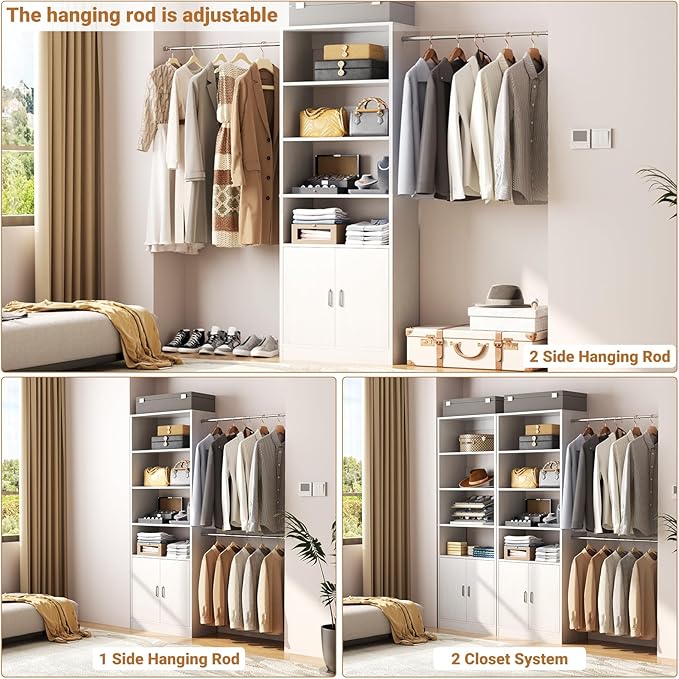 8FT Closet System, 96 Inch Closet Organizer System with Hanging Rods, Heavy Duty Clothing Rack with Cabinet, Walk In Mounted Closet System, Built-In Clothes Garment Rack, White
