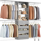 Aheaplus Closet System with 4 Drawers, 8FT Wood Closet Organizer System, 96’’ Closet Built In System Tower with Shelves, Walk-in Closet Wardrobe Clothes Garment Rack, Fits Spaces 4-9 ft, Grey1