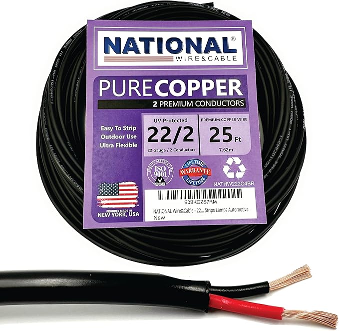 NATIONAL Wire & Cable – 22 AWG 2-Conductor Premium Copper Wire, 25 ft, Stranded | Made in USA, Flexible Jacket | Electronics, Alarms, Signal Wiring, DIY, Indoor and Outdoor Use