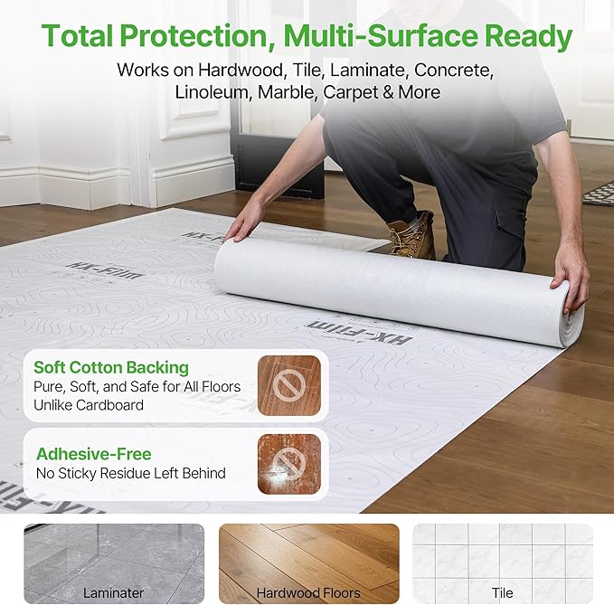39"x100' Heavy-Duty Floor Protection | Construction Grade Carpet Protector | Drop Cloth Plastic Film for Hardwood Floors | Waterproof Painters Covering with No Residue(Summit White)