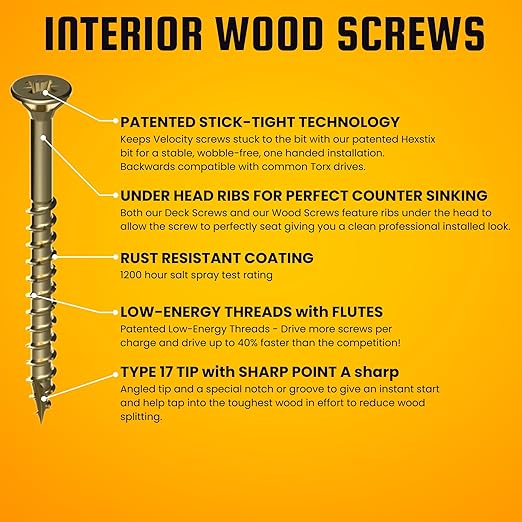 Velocity Interior 2 3/4 Inch Wood Screws Contractor Pack (Size #10, 219 Pcs) – Self Tapping Screws with Phillips Bits, Stick Tight Technology, Carbon Steel with Zinc Plating, Durable Storage Organizer