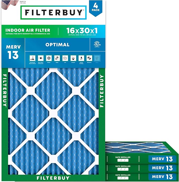 Filterbuy 16x30x1 Air Filter MERV 13 (MPR 1900) Health Defense Replacement (4-Pack), Electrostatic Pleated HVAC AC Furnace Filters, Made in USA (Actual Size: 15.75 x 29.75 x 0.75)