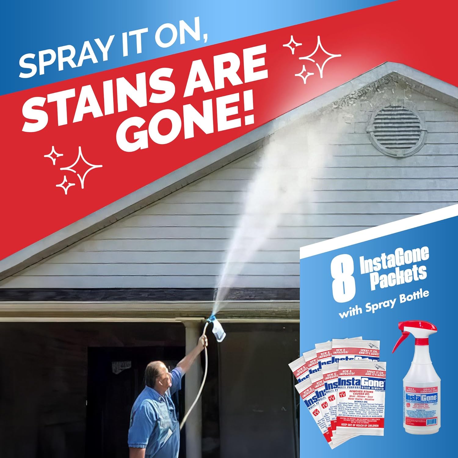Stain Remover - 8 REFILL Pack + 24oz Spray Bottle - Just Add Water - Indoor/Outdoor Ceiling, Wall, Bathroom, Roof, PVC Fence, Patio Furniture & More