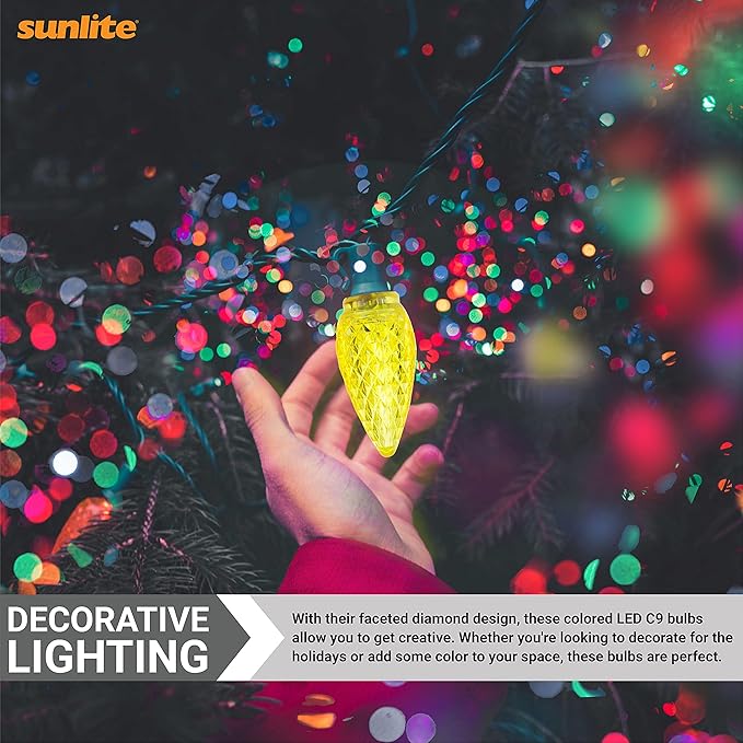 Sunlite 80709 LED C9, Holiday Decorative Light Bulb, 0.4 Watts, E17 Intermediate Base, Faceted Christmas-Lights; Nightlight, Yellow, 6 Count