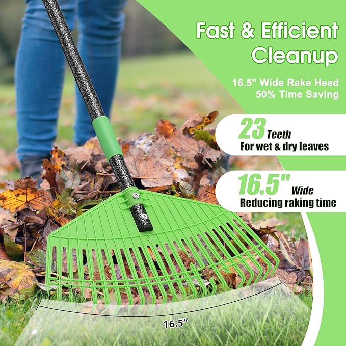 Garden Leaf Rake,16.5” Wide Plastic Leaf Rake for Lawn with 60” Long Handle, Plastic Yard Raking Tools for Lawn Turf Leaves Grass Thatch Debris Pine Needle Cleanup, Lightweight for Kid