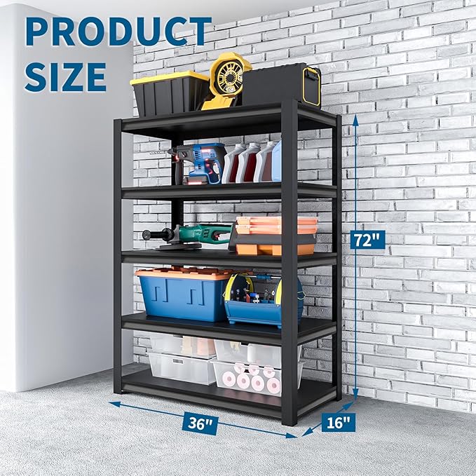 Shelving Units and Storage, 1800LBS Garage Storage Shelves, 5 Tier Shelving Unit, Steel Industrial Shelving, Adjustable Standing Shelf for Garage, Pantry, Closet 71" H x 36" W x 16" D, Black